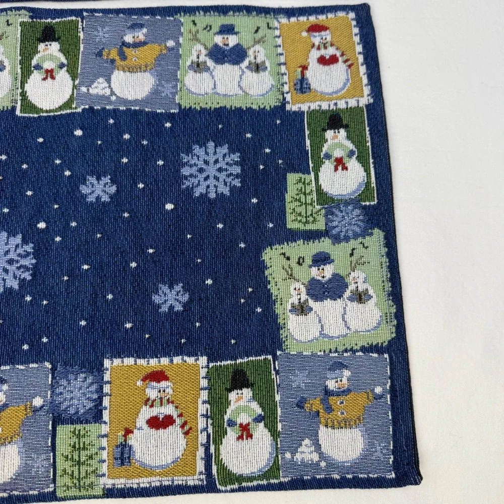 Vintage Woven Tapestry Snowman Placemats Blue Winter Holiday Set of 2